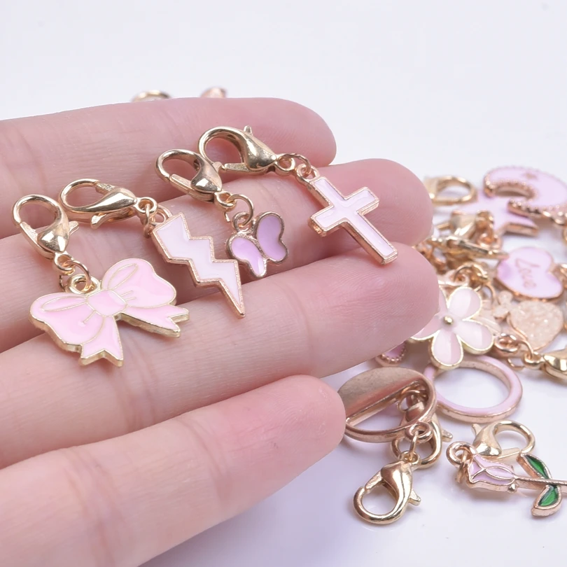 Mix Pink Flower Animal Charms With Lobster Clasp For Jewelry Making Supplies Cute Heart Moon Pendant DIY Backpack Keychain Charm