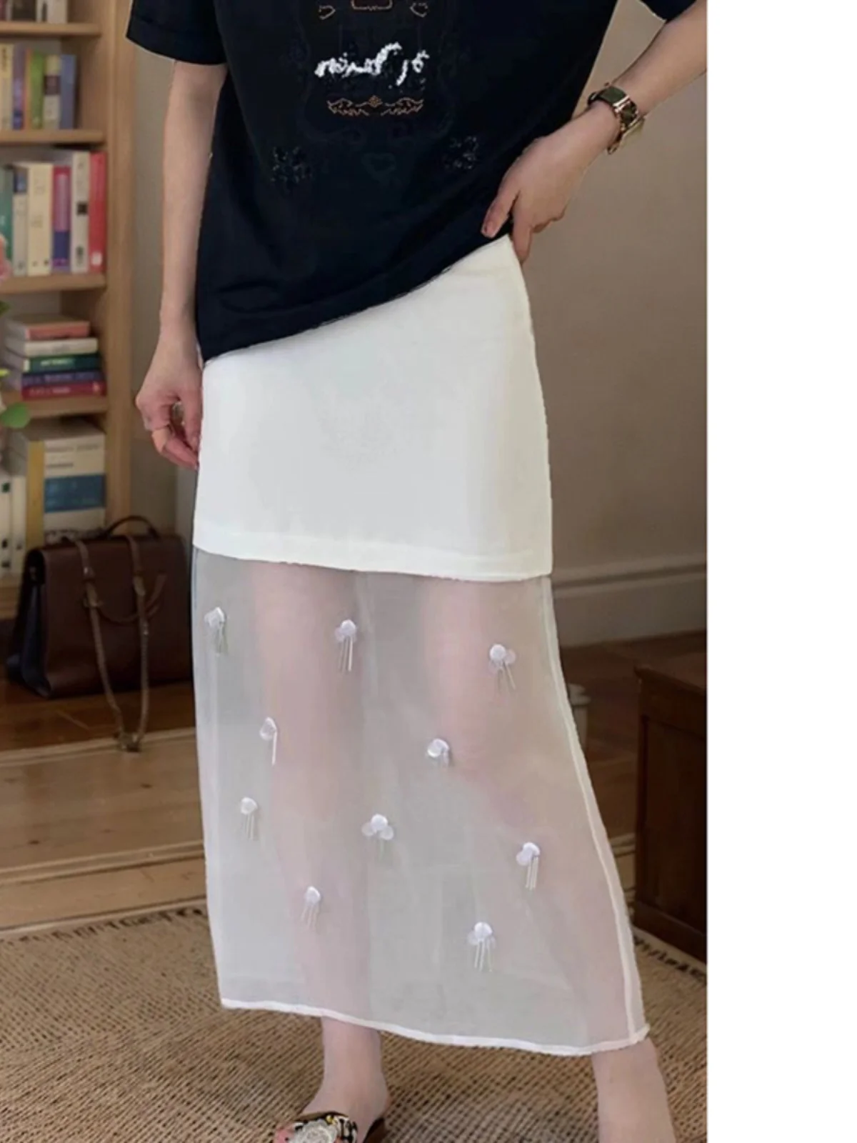 

Faionable Me Splice High Waist Bodycon Skirt Ele Transparent Design A-Line Long Skirt Polyester Fiber Ladylike Sle