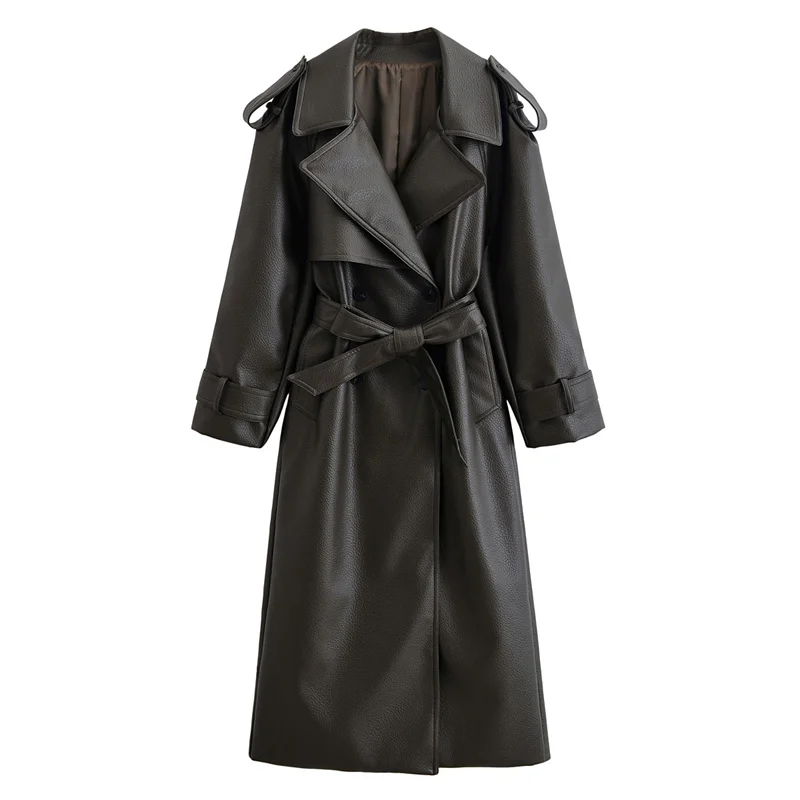 Damen-Trenchcoat 2025, Herbst/Winter, neuer Stil, dunkelbraun, langärmelig, Kunst-Litschi-Leder mit Gürtel, lange Trenchcoat-Jacke