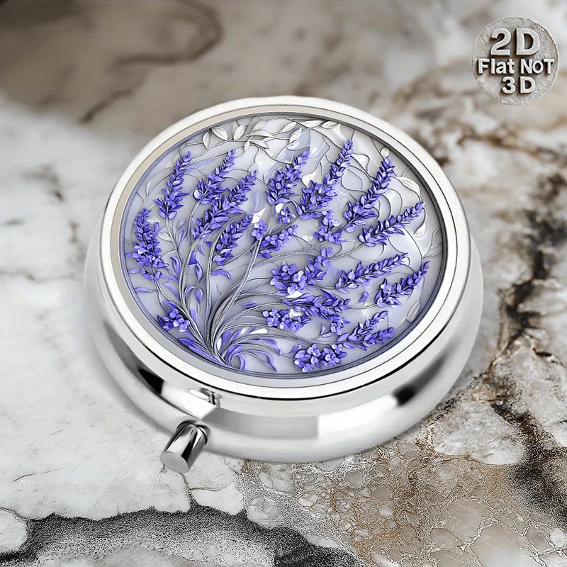 1 portable round three-compartment metal pill box with lavender floral stained glass design - non-lavender floral pattern, used for storing daily medication and vitamins, with separate compartments for vitamins. Floral pill box with glass cover design, portable pill box for handbags, flat