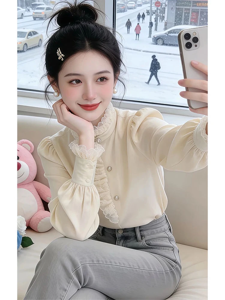 

Женская повседневная блузка из атласа с кружевом и длинным рукавом, новинка к Новому году, модный тренд Весна 2026, свободный крой, комфортная