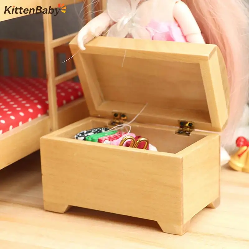 1:12 Miniature Treasure Chest Vintage Wooden Case Living Room Bedroom Furniture Doll House Accessories Decoration