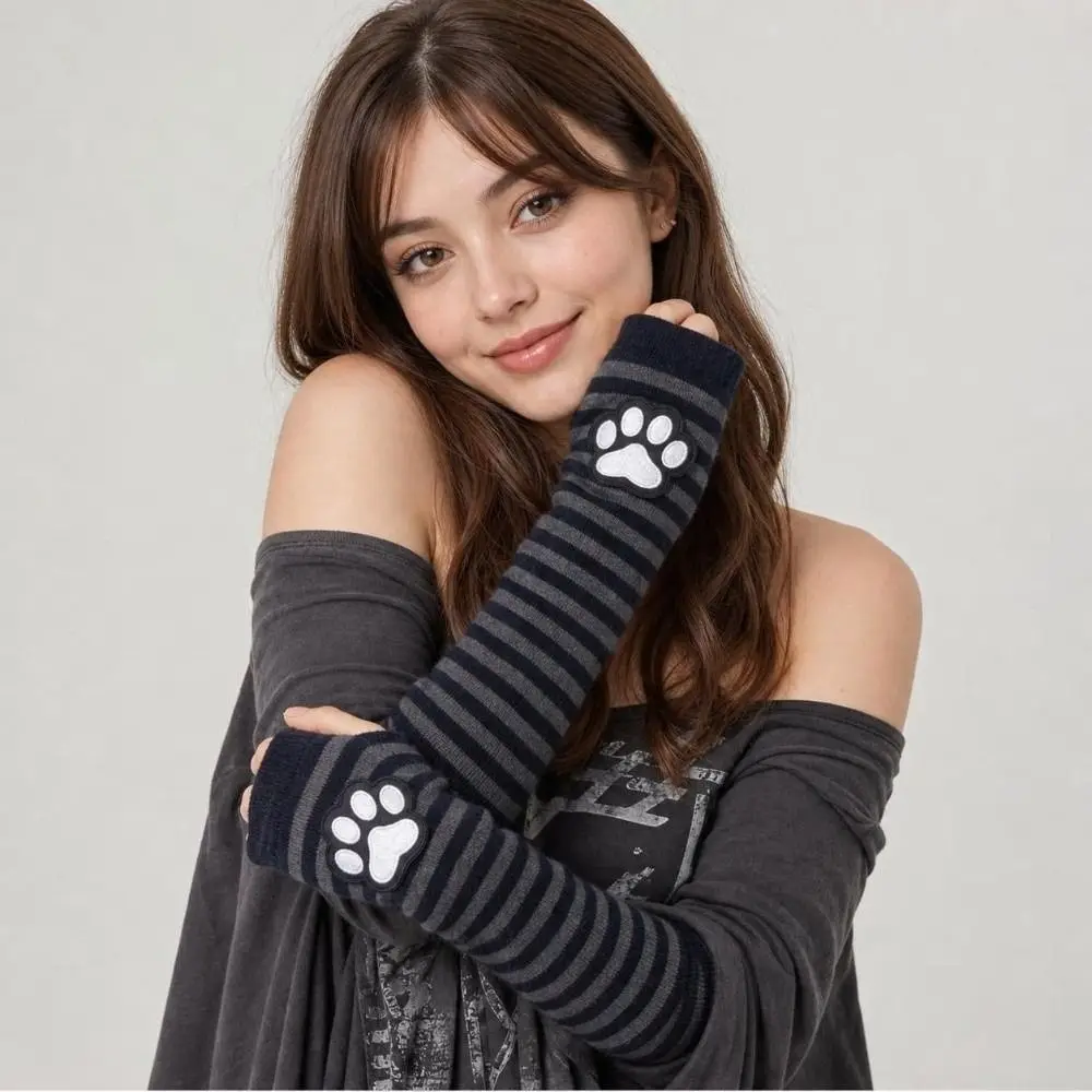 Cute Cat Claw Striped Pattern Fingerless Gloves Black Long Tube Design Arm Cover Sun Protection Sleeves Gloves for Women