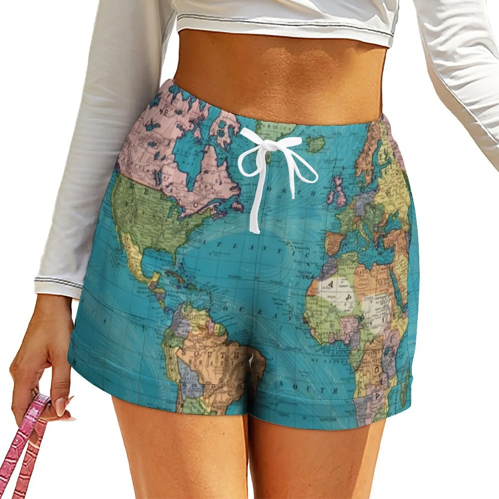 Vintage Map Print Shorts The World 1897 Oversized Streetwear Shorts Elastic Waist Vintage Short Pants Lady Print Pockets Bottoms