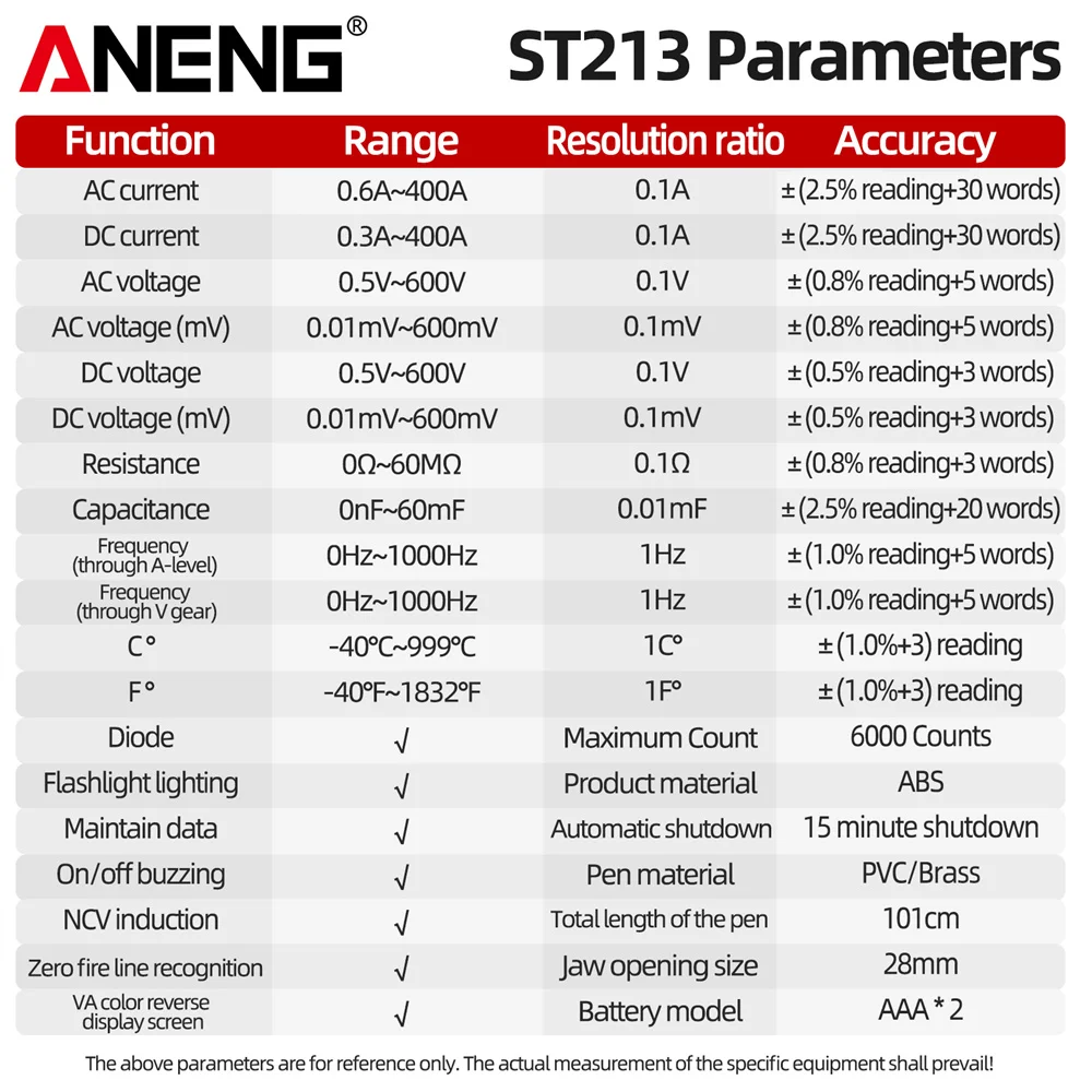 ANENG ST213 Pinza amperometrica digitale Corrente CC/CA 6000 Conti 400A Amp Multimetro Tester di tensione per schermo a colori di grandi dimensioni