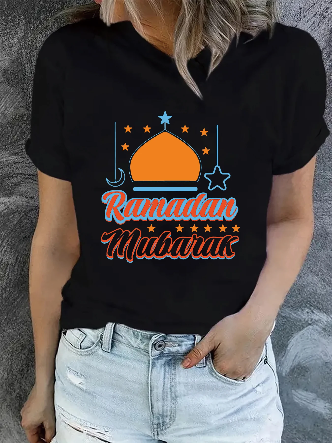 2024 Ramadan star and the moon Graphic Funny T-Shirt Women Summer Fashion Harajuku Casual Round Neck Short Creative top tee