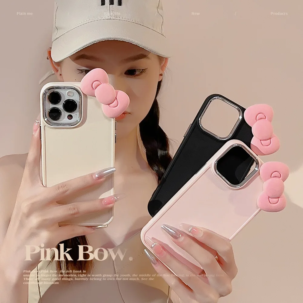 Cute 3D Pink Bowknot Soft Silicone Phone Case For iPhone 15 14 13 12 11 Pro Max X XR Soild Color Shockproof Cover Funda