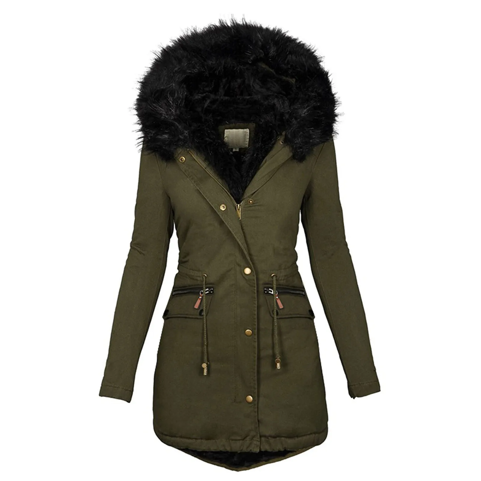 

Women Elegance Cotton-Padded Coats Winter Warm Zipper Button Fur Collar Slim Hooides Outwears Jacket With Belt Plus Size Clothes