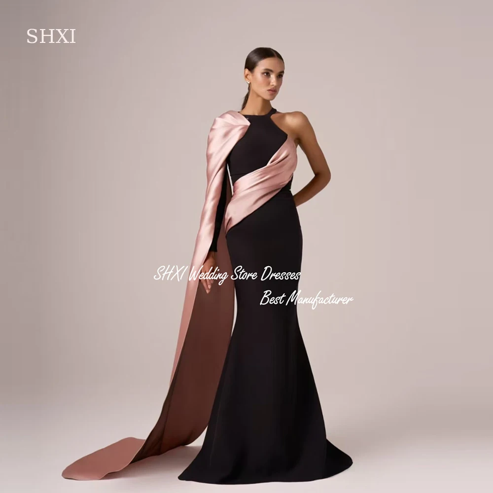 

SHXI Elegant Contrast Color Satin Evening Dresses Fashion Halter Party Dress Temperament Sweep Train One Shoulder Gowns 2025