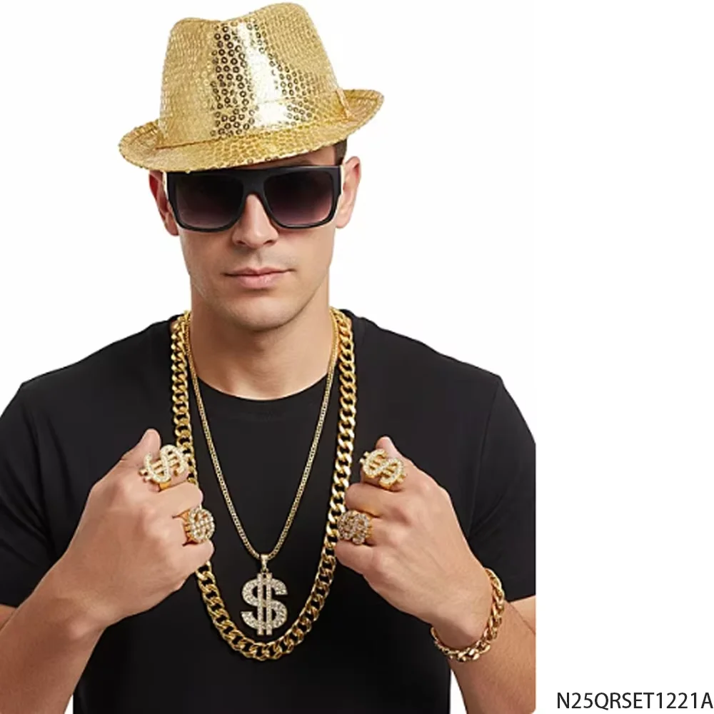 PESENAR jaren 90 retro hiphop kostuum set pailletten hoed dollar sieraden gouden ketting zonnebril partij accessoire