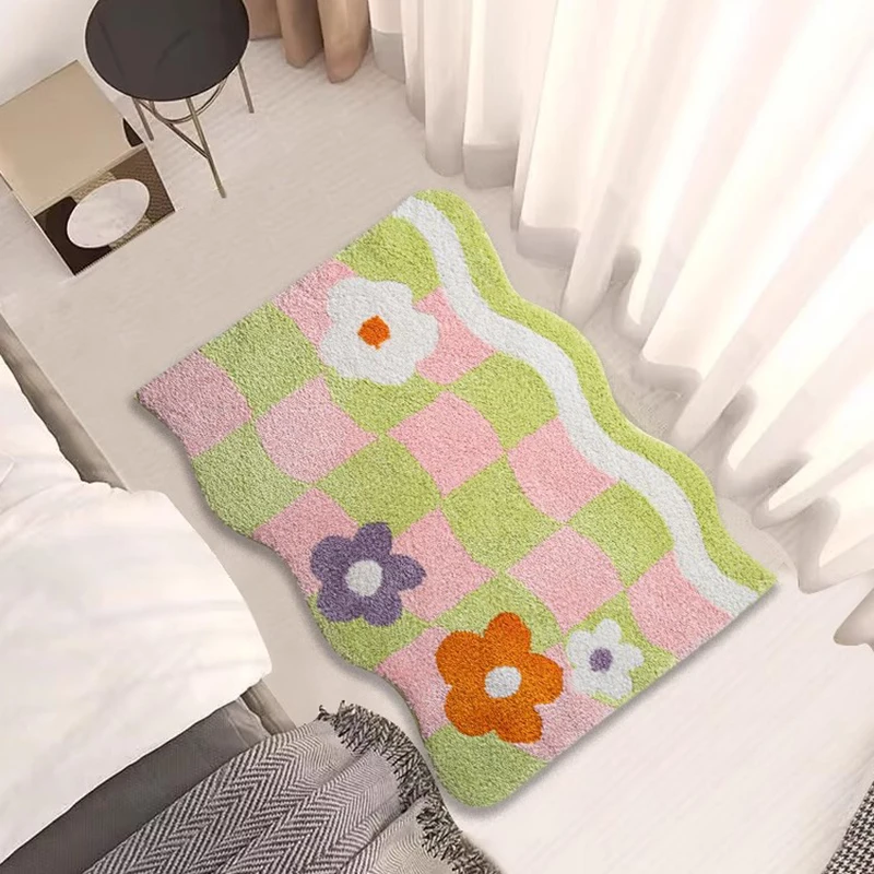 

Tufting Wave Living Room Carpet Soft Grids Floret Rug Bedroom Bedside Mat Door Floor Anti Slip Pad Aesthetic Home Decor 75x90cm
