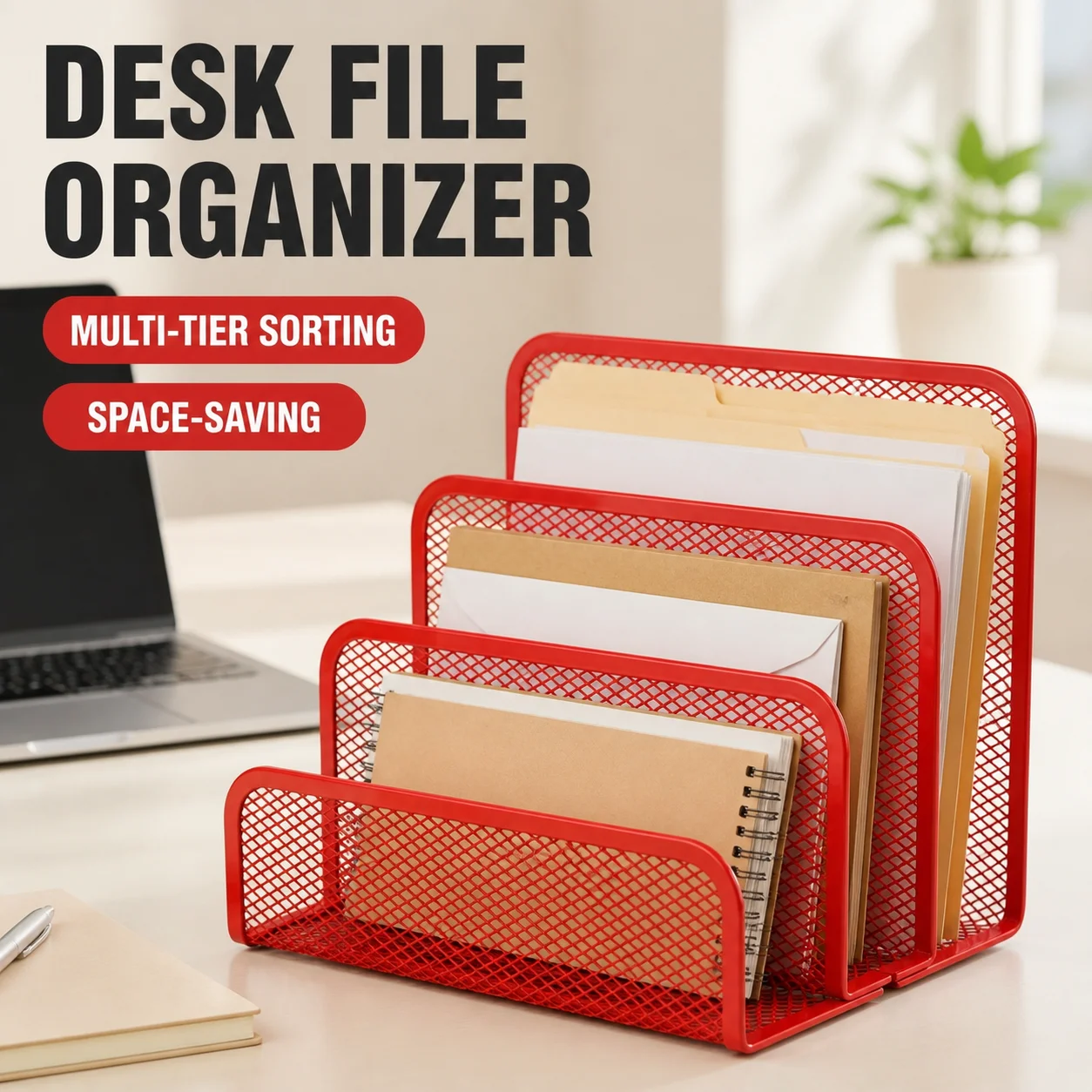 Red Metal Mesh Desktop File Organizer Multi Tier Letter Sorter Document Holder Space Saving Storage Rack for Office Home School