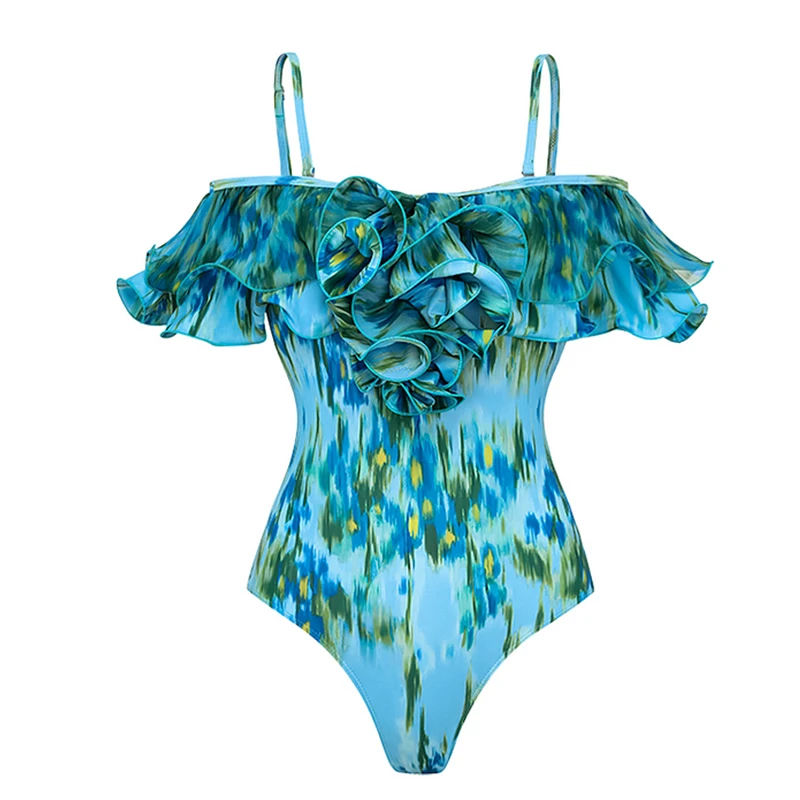 Women Sexy One Piece Swimwear Removable Shoulder Strap Off Shoulder Ruffle Abstract Pattern Print Swimsuit Monokini Bathing Suit