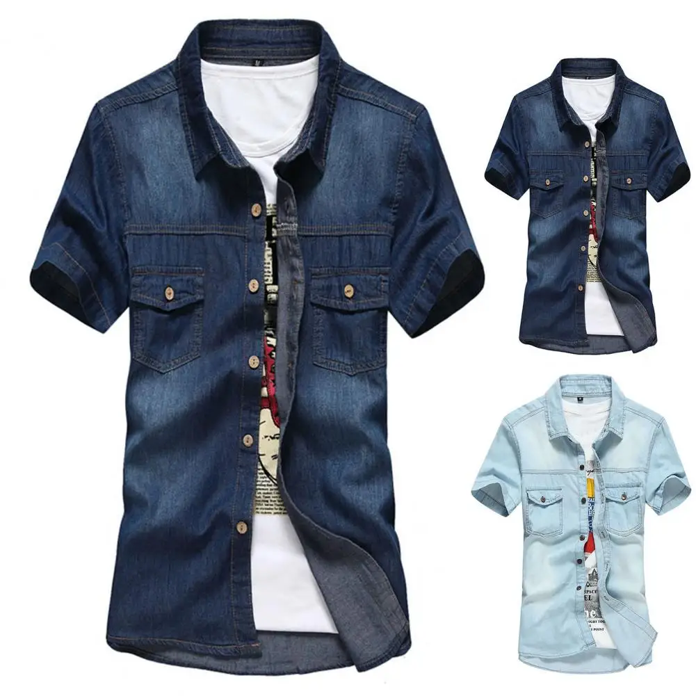 Men's Denim Shirt 2024 Summer New Loose Trend Versatile Lapel Short Sleeve Design Single Breasted Double Pockets Top