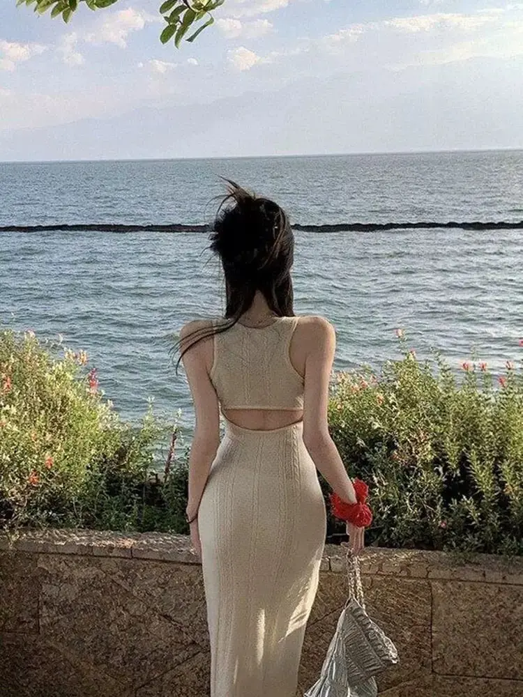 

Вязаное платье без рукавов для вечеринок, осенний фестивальный наряд, женское, с круглым вырезом, блестящее, ажурное, повседневное, в городском готическом стиле, без пуговиц