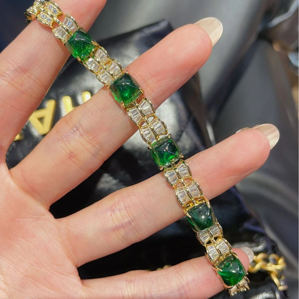 Wong Rain Vintage 18K Gold Plated 925 Sterling Silver Sugar-loaf Cut Emerald High Carbon Diamond Gems Bracelets Bangle Jewelry