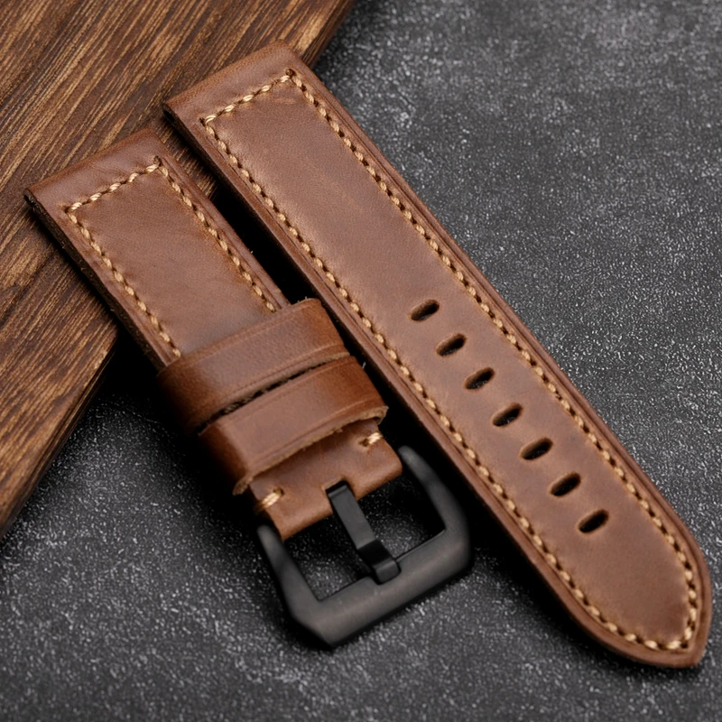 Handmade Holvin Cowhide Strap 20MM 22MM 24MM 26MM Foldable Brown Rough Wind Thick Genuine Leather Bracelet