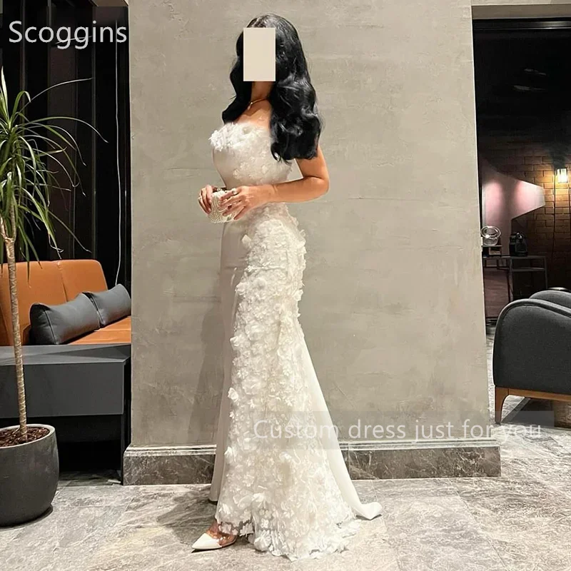 Scoggins فساتين سهرة Customize Evening Dress A-Line Strapless Hand-Made Flowers Floor-Length Zipper Up Wedding Dress Cocktail