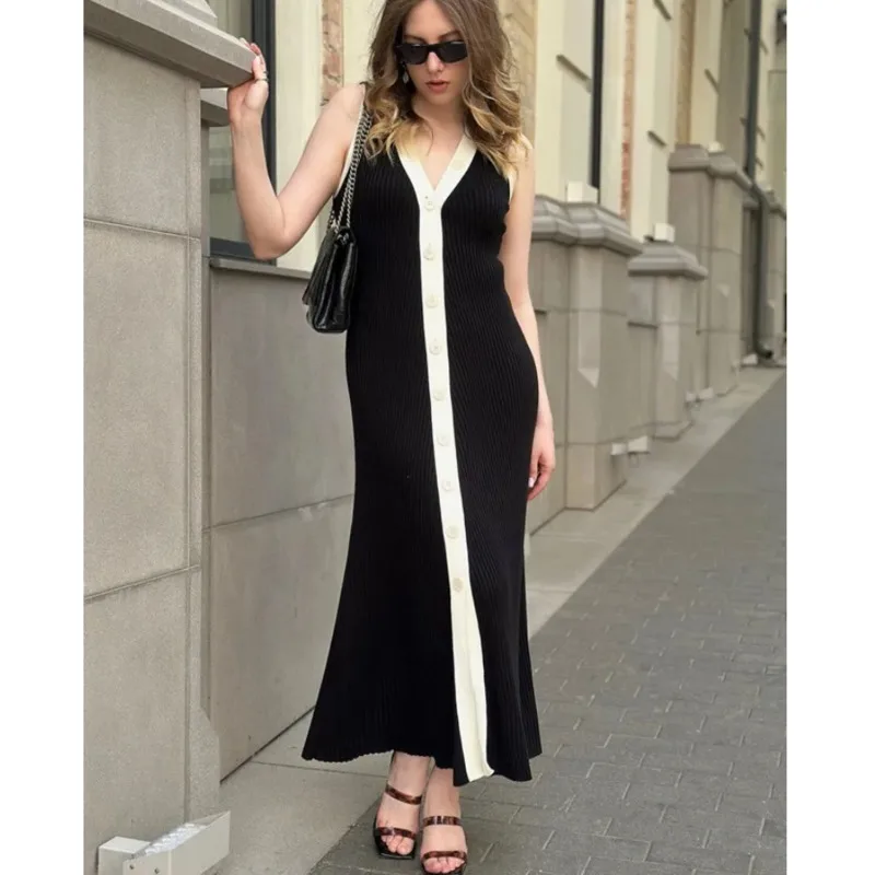 

Elegant Knit Maxi Dress Cotton Women Sexy V Neck Sleeveless Single Breasted Slim Party Dresses Summer Lady Office Holiday Robes