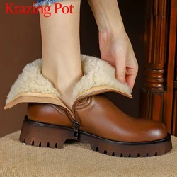 Krazing Pot Wool Cow Leather Round Toe Med Heels Cold Resistance Snow Boots Fur Retro Fashion Belt Buckle Zipper Ins Ankle Boots