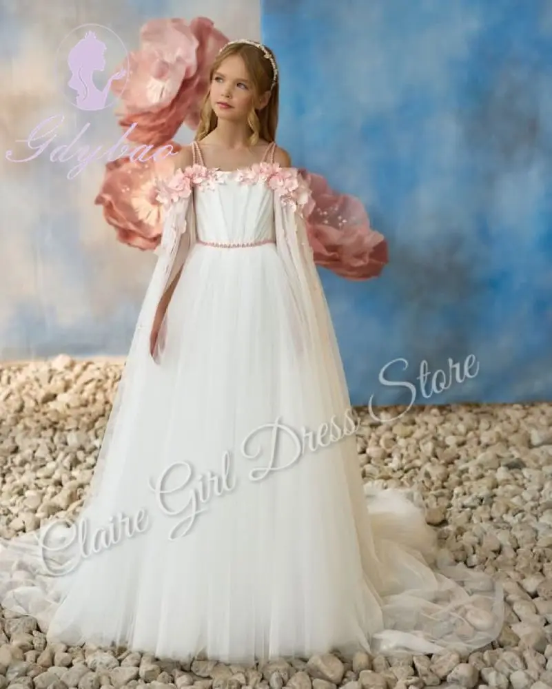 

Customized Lace Tulle Flower Girl Dresses For Wedding Off Shoulder 3D Flower Kids Birthday Party First Communion Concert Gown