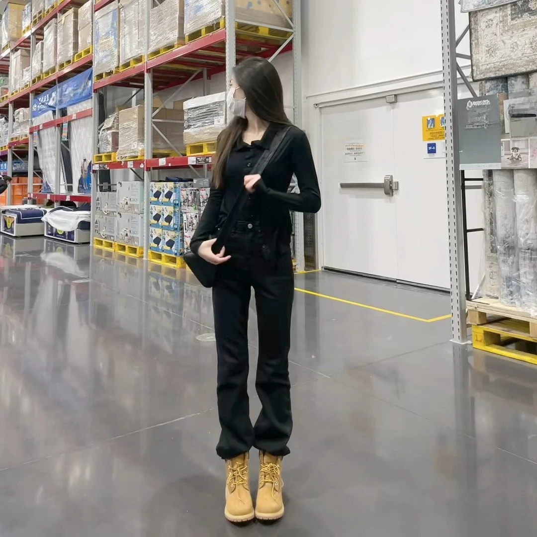 

Джинсы женские черные с высокой талией, удлиненные, на весну-осень-зиму, в пол, винтажный американский стиль