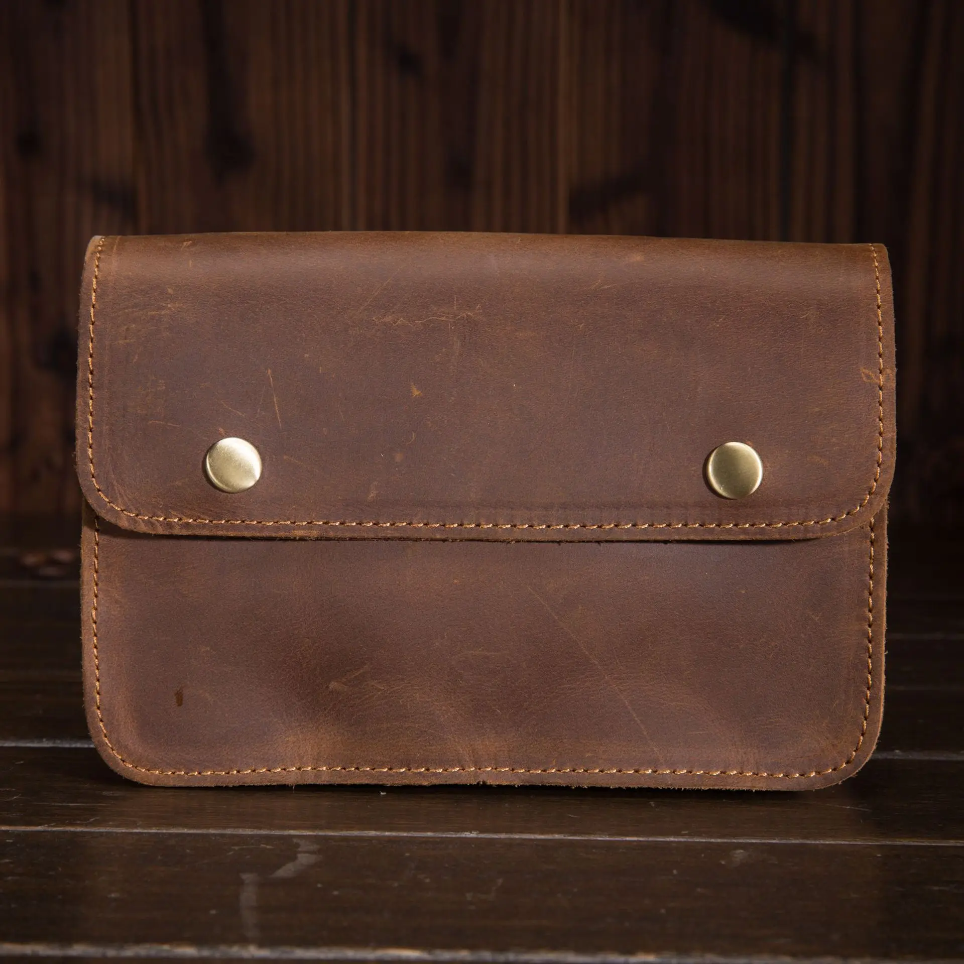 Men's Retro Vintage Crazy Horse Leather Crossbody Waist Pack Double Round Buttons Multi Layer Pocket Belt Phone Bag Purse