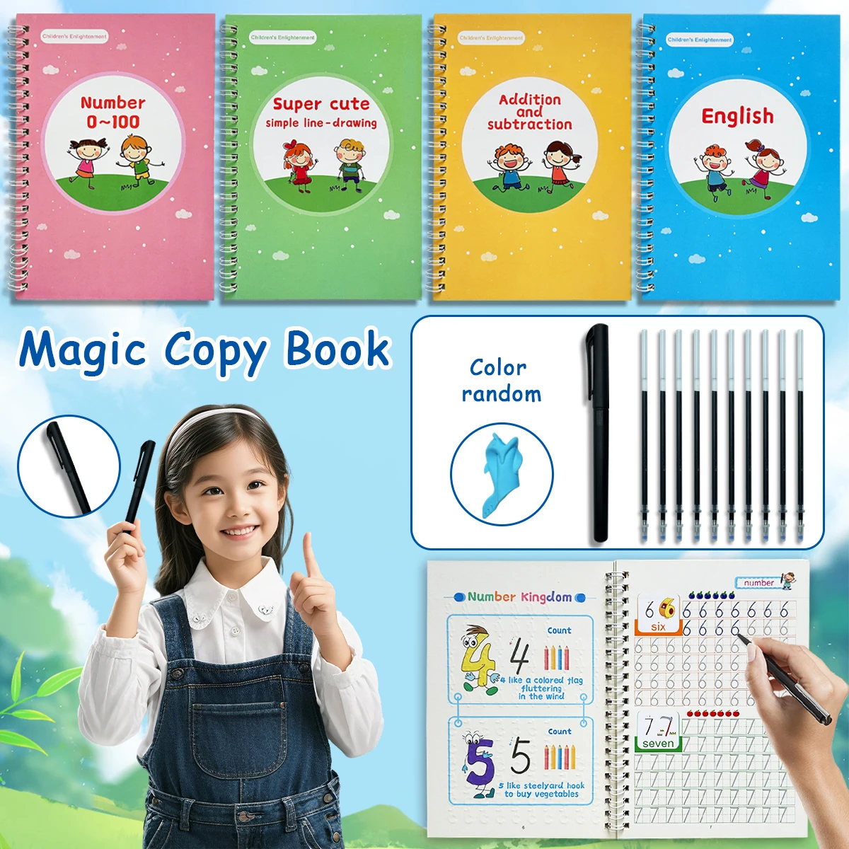 

4 Books/Set Reusable Magic Copybooks For Kids Including English Numbers Math Drawing With Pen Refills And Grip Aid For Preschool