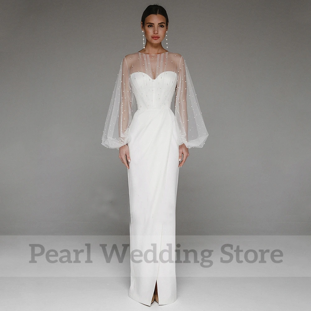 Chic Pearl Tulle Wedding Dress O-Neck Illusion Lantern Long Sleeve Vestidos De Novia Floor Length with Button Civil Bridal Gowns