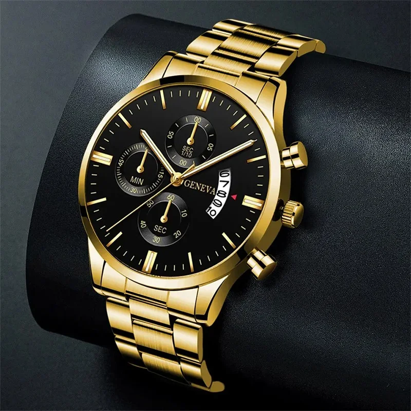 3PCS Set Fashion Mens Calendar Watches Luxury Men Business Gold Stainless Steel Quartz Watch Male Necklace Bracelet Wristwatch