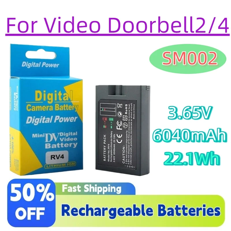 

3.65V 6040mAh 22.1Wh SM002 Rechargeable Li-ion Batteries for Video Doorbell2/4 Spotlight Cam Solar Floodlight Video Battery