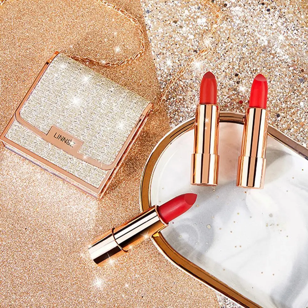 マット口紅セット 3 色 シルバーチェーンバッグ付き 防水 ノンスティック 長持ち メイクアップ レッド 3.5gx3 個 女性と女の子用
