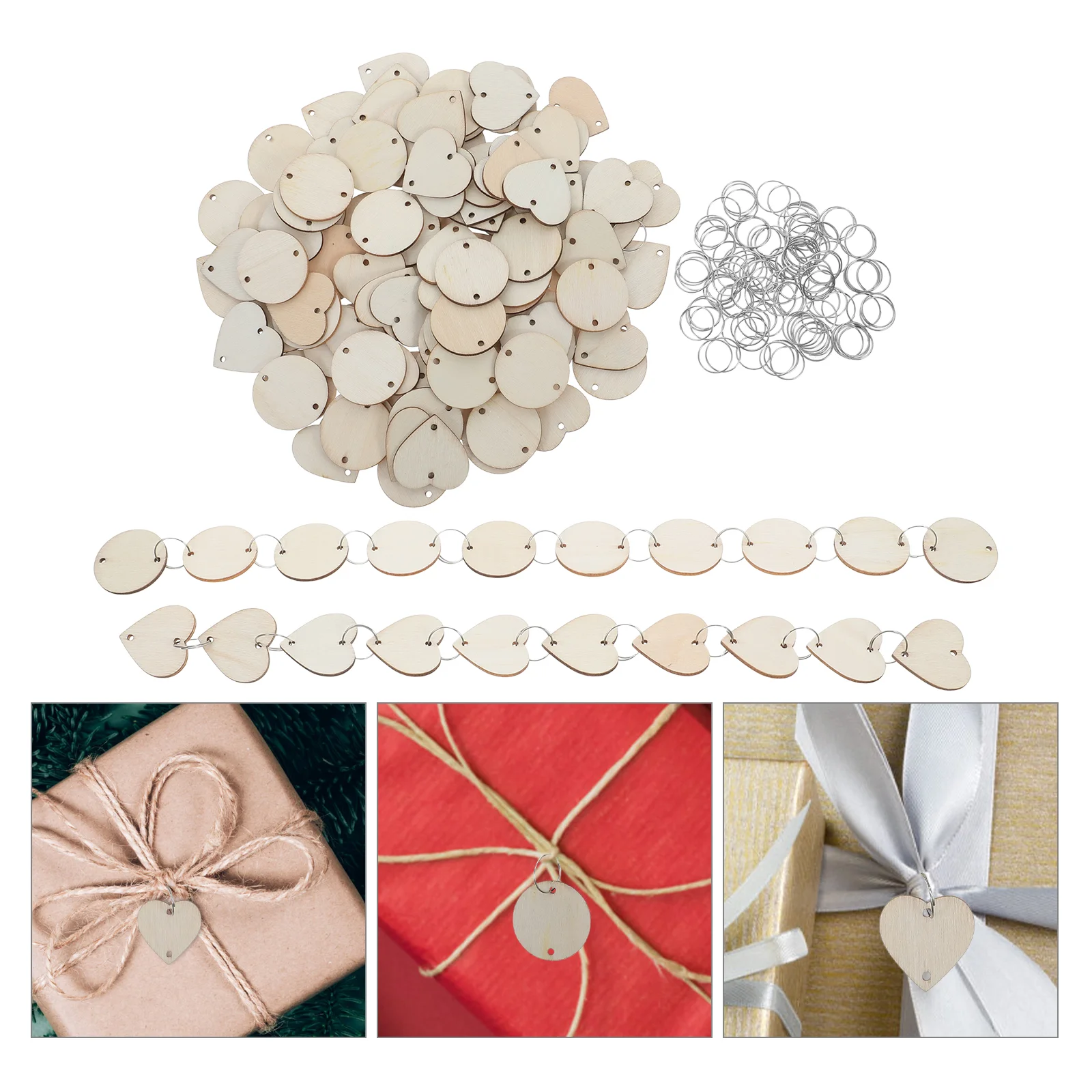 

100 Pcs Wooden Round Heart Shaped Blank Tags for Craft Decor Embroidery Hoops Sewing Needlework Natural Wood Creative