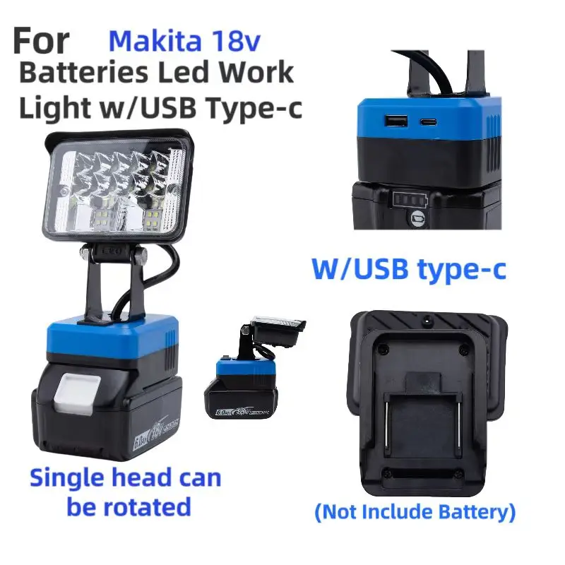 

12W LED Working Light Spotlight Portable Lamp Lantern w/USB C-Type for Makita 18v Lithium Battery Lamp（Not Including Battery）