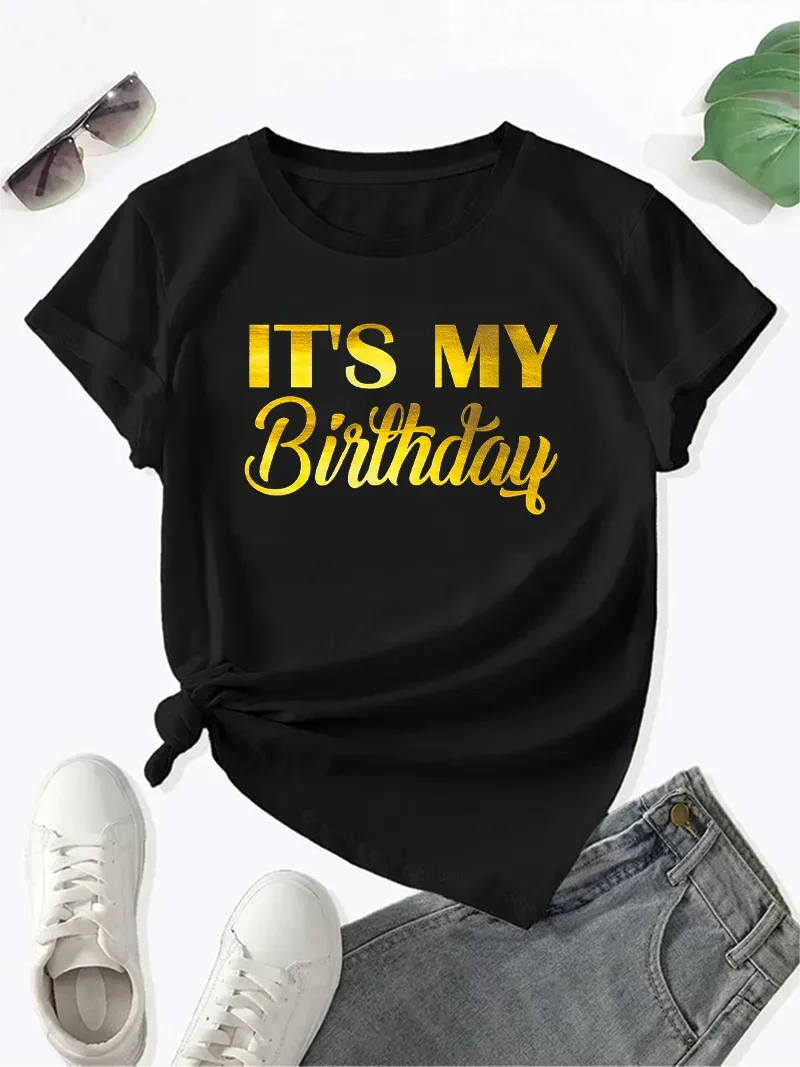 Short Sleeves  Cotton  Tops Streewear It's My Birthday Letter Pattern Printed Short Sleeve Crew Neck Casual Top Women's Clothing