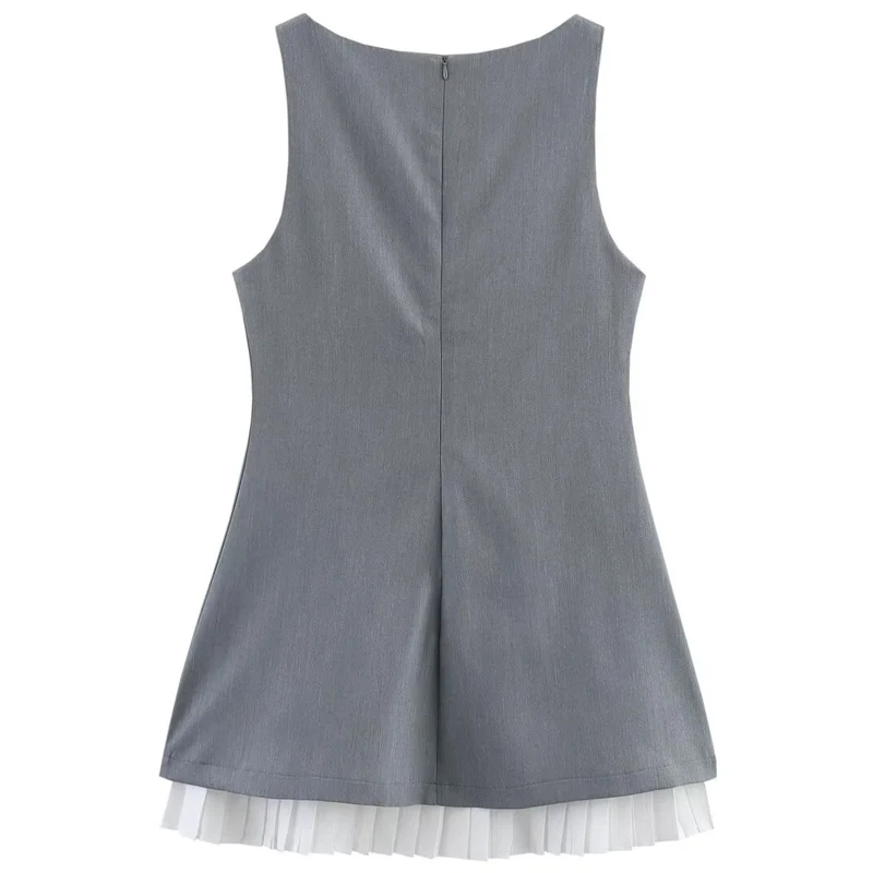 TRAF Abito patchwork plissettato da donna Estate 2025 Donna Mini Abiti senza maniche grigi Moda O-Collo Abito corto in popeline a contrasto