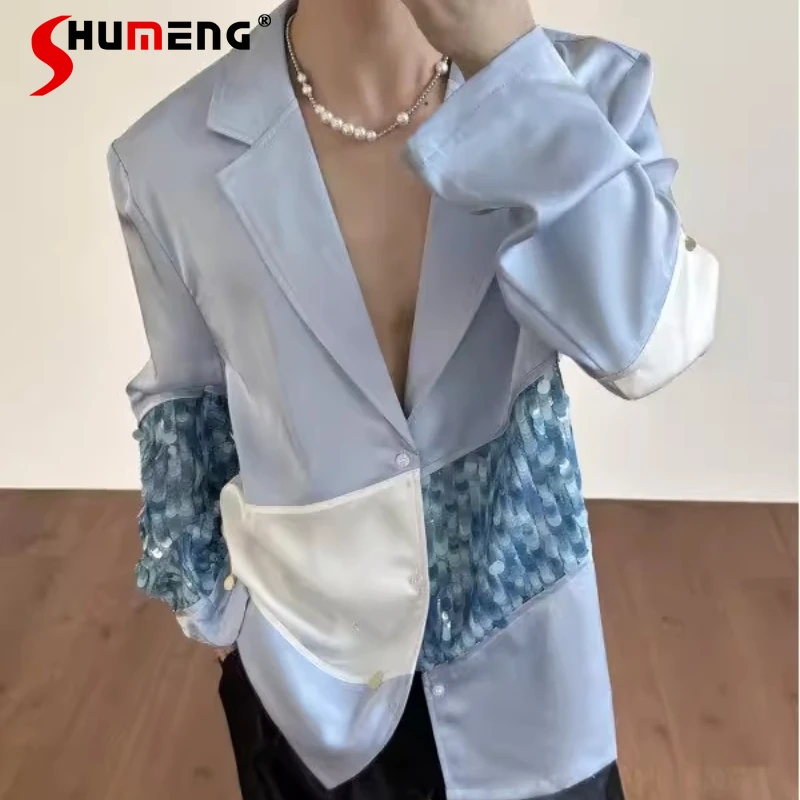 

2026 Spring Summer Men's New Shirt Jackets Men's Long Sleeve Sequin Splicing Design Tops Male Color Matching Handsome Shirts
