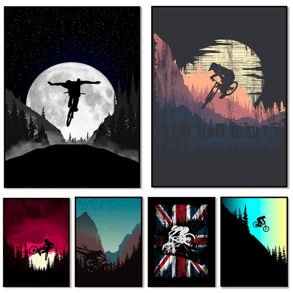 

Mountain Bike Print Canvas Poster Wall Art Downhill Mountain Bike Retro Style Travel Freedom Ride Jumping BMX Inspired Sports