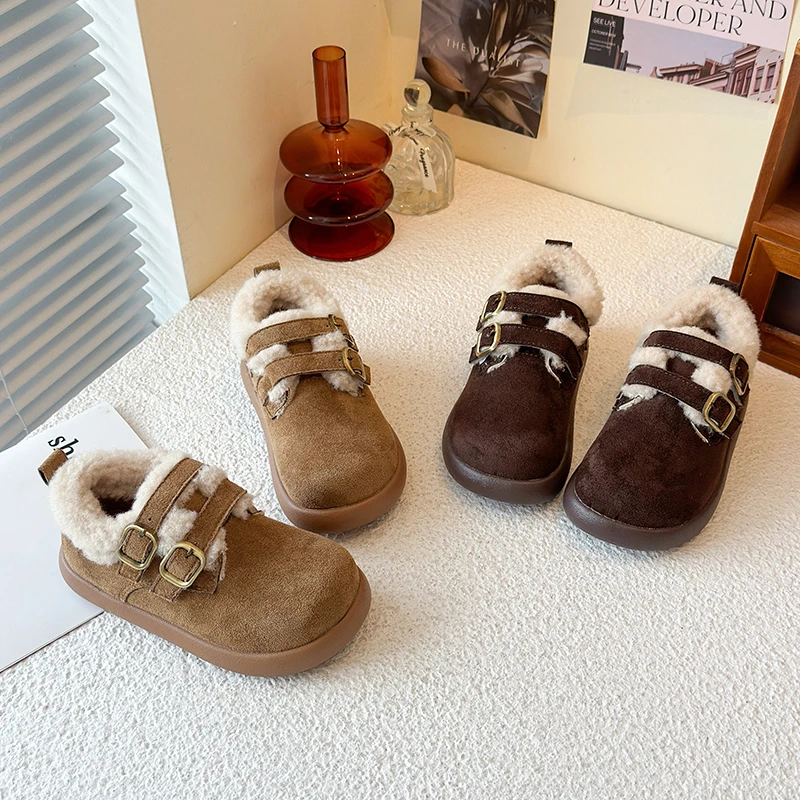 

New Kids Winter Shoes Simple Warm Outdoor Girls Fashion Cotton Shoes Non-slip Solid Color Children Causal Plush Shoes Hook Loop