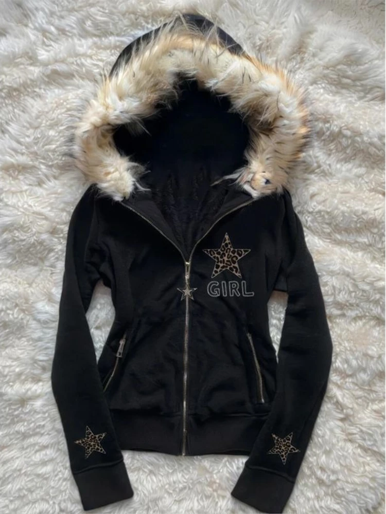Retro Black Star Leopard Pattern Coat Jacket Women Fur Collar Zipper Hoodie Jacket Harajuku Fashion Streetwear Autumn Winter New