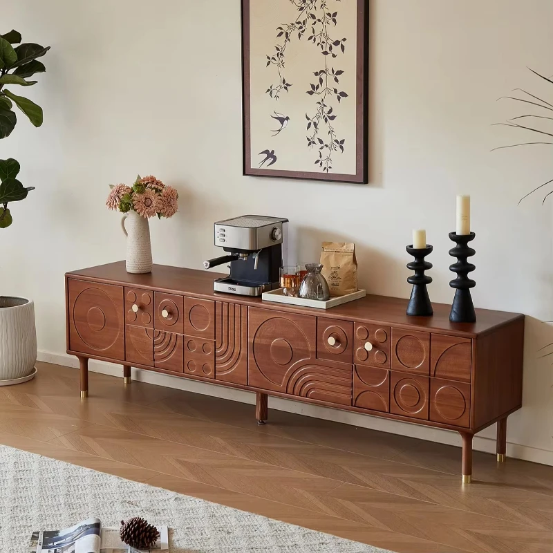 

Medieval retro style solid wood carving double door three-pull sideboard living room