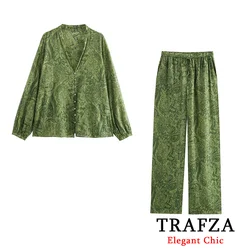 TRAFZA Bohemia Wild Print Pant Set camicia e pantaloni con scollo a v da donna New 2024 primavera autunno Fashion Street Style Pant Suit