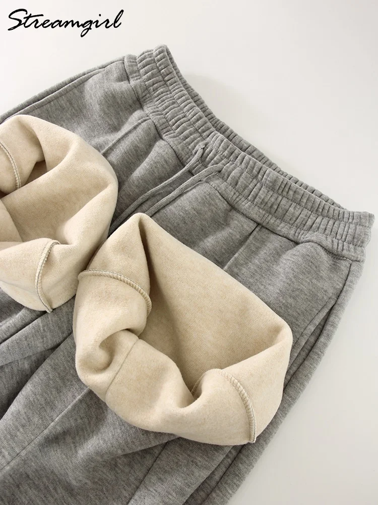 Streamgirl سميكة بناطيل شتوية دافئة للنساء الصوف البني بنطلون مستقيم الساق عالية الخصر المرأة سراويل شتوية مكتب دافئ