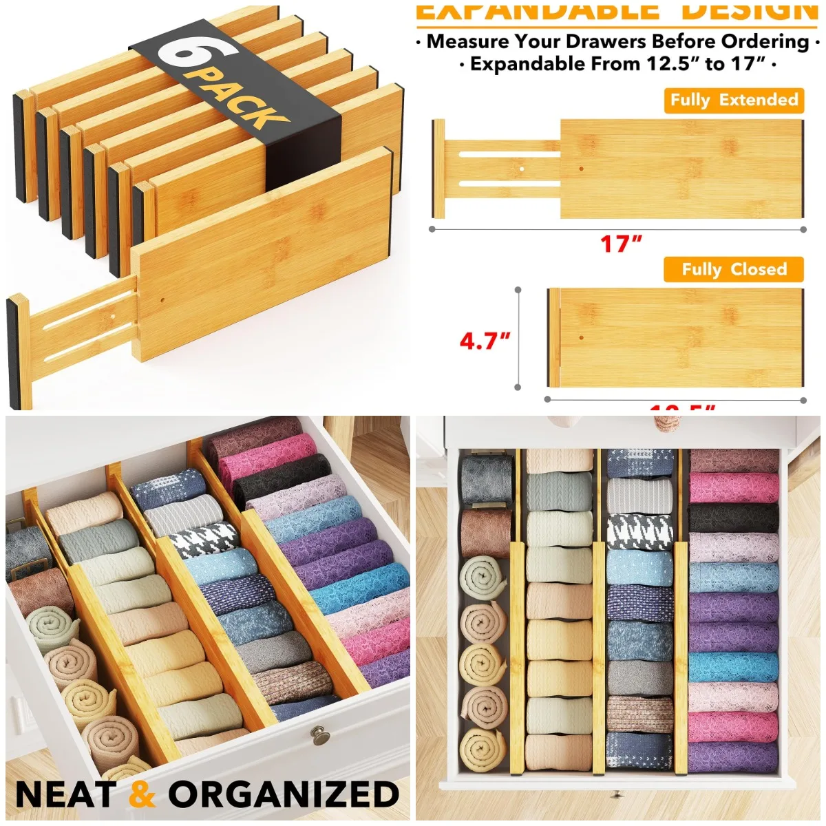 

Bamboo Drawer Dividers 6 Pack, Adjustable 12.5'-17', Expandable Organizer for Clothes & Dressers, Natural