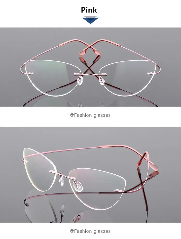Titan Legierung Randlose Anti Blau Licht Lesebrille Für Frauen Cat Eye Metall Presbyopie Brille HD Augenschutz Leser – Detail 15
