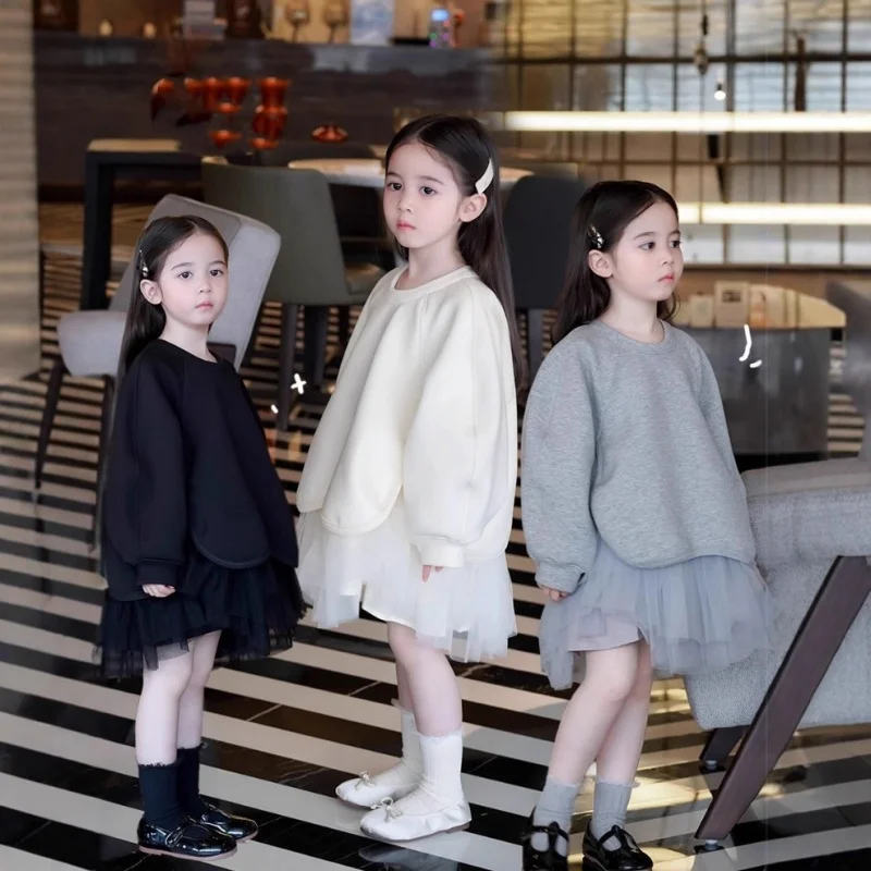 2026 Spring Autumn Niche Fashion Girls Temperament Kindergarten Hoodie Splicing Fluffy Dress Gauze Dress Birthday Gift