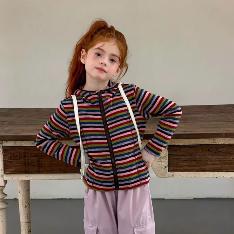 Cotton Girl Toddler Stripe Multi-color Zipper Hoodie 26 Autumn Winter Sweatshirt Zip-up Jacket Coat 3-12 Years Soft Cool Outfit
