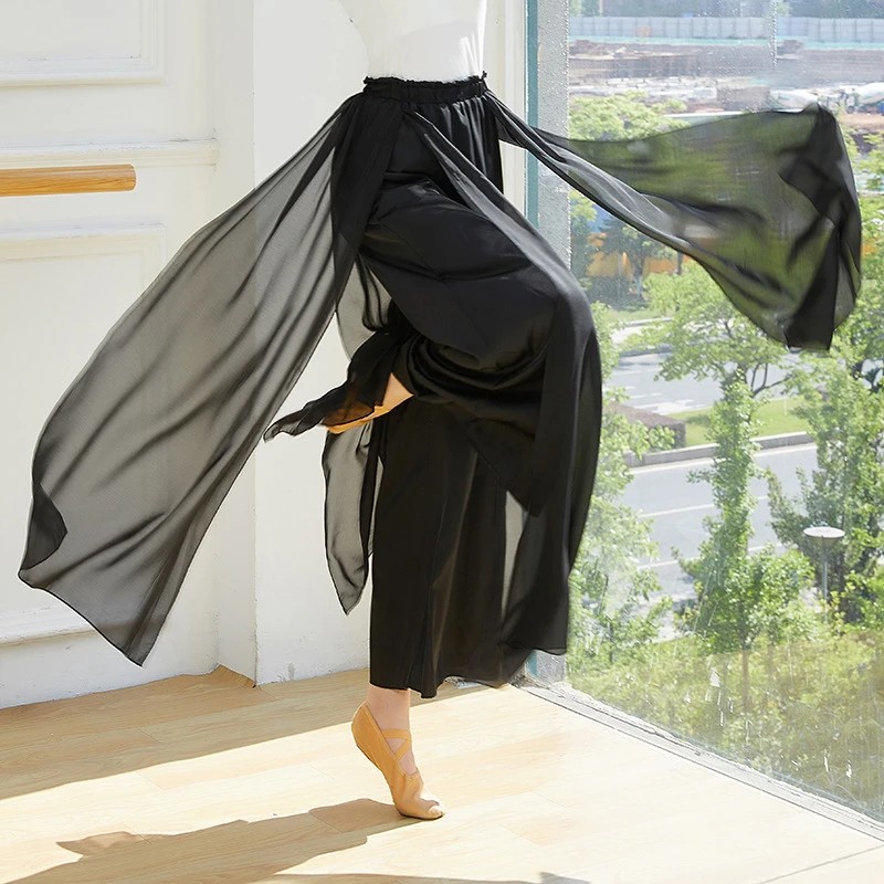 Pantalón de baile clásico para mujer, Falda fluida de satén de gasa de 2 capas, pantalones largos sueltos, Ropa de baile de rendimiento tradicional