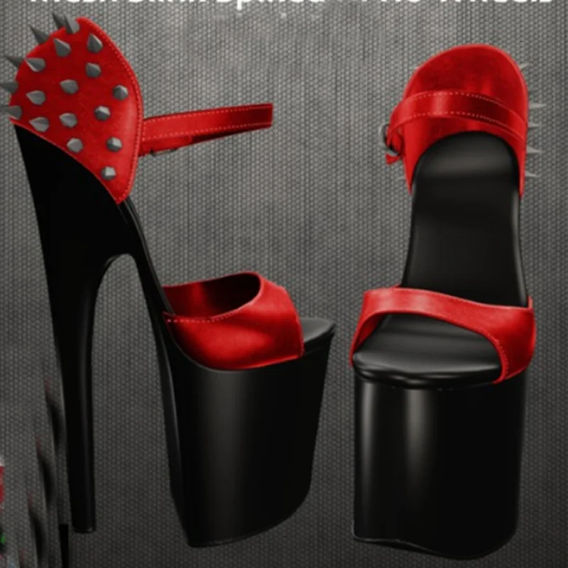 

Red Rivet Buckle Platform Sandals Thin High Heel Peep Toe Fashion Sexy Cool 2025 Summer Big Size Woman Shoes Zapatillas Mujer