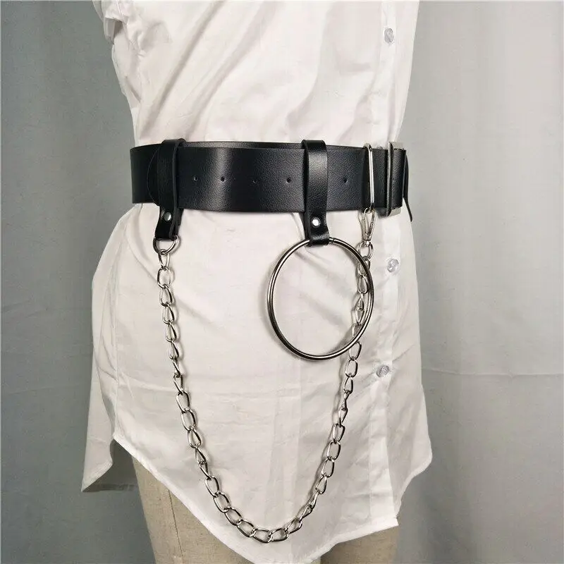 

Women Fashion Leather Belt Punk Iron Ring Chain Design Tight Waist Belt Jeans and Suit Pants Streetwear Belt Female